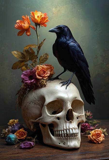 A crow sitting on a human skull, photorealistic , clear, colorful, ultra quality, 8k, best quality, masterpiece,midjourneyv6.1