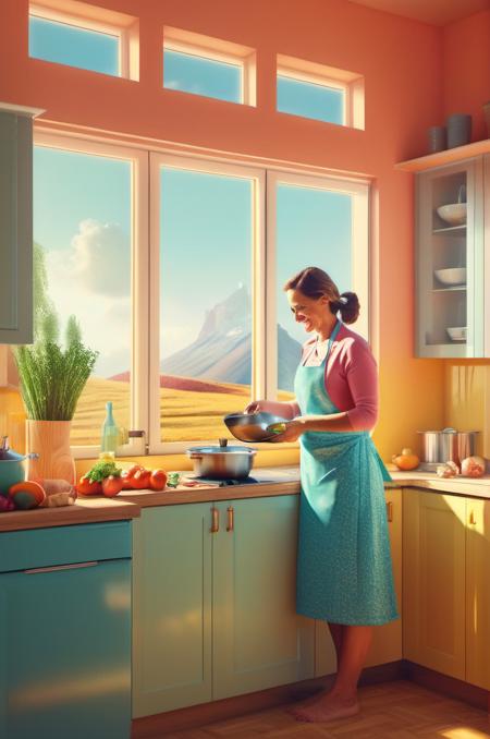 , <lora:Beeple (Mike Winkelmann) Style:1> Beeple (Mike Winkelmann) Style ,, A highly detailed mother in her kitchen preparing meal, window sunny day, happy, smiling,