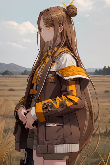 cowboy shot, standing, expressionless, tia,  long hair, brown hair, yellow eyes, jacket, shoes, brown shorts, hair ornament, grasslands background, <lora:TiaERLora-02:0.9>