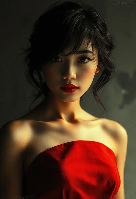 photorealistic poster ink art, double exposure image, the firstimage positioned at the top, featuring a closeup portrait of a beautiful oriental women wearing a short red dress, disheveled hair, bare shoulders, slightly parted lips, detailed fabric, [masterpiece], [best quality], chiascuro,