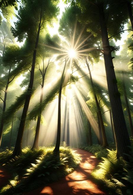 score_9, score_8_up, score_7_up, score_6_up, score_5_up, score_4_up, (absurdres, best quality, masterpiece:1.4), illustration, photorealistic, cinematic lighting, dynamic angle, perfect composition, light, forest, sunlight, beams of light, soft glow, tree canopy, peaceful nature, dappled light, warm colors, serene, gentle breeze