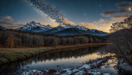 ((masterpiece:1.4,best quality)), cloud, outdoors, night, stars, moon
(mountains), spring glade, scenery, sky, winter, village, tree, river,
 high detail, abundant, 8k, high detail, wallpaper,