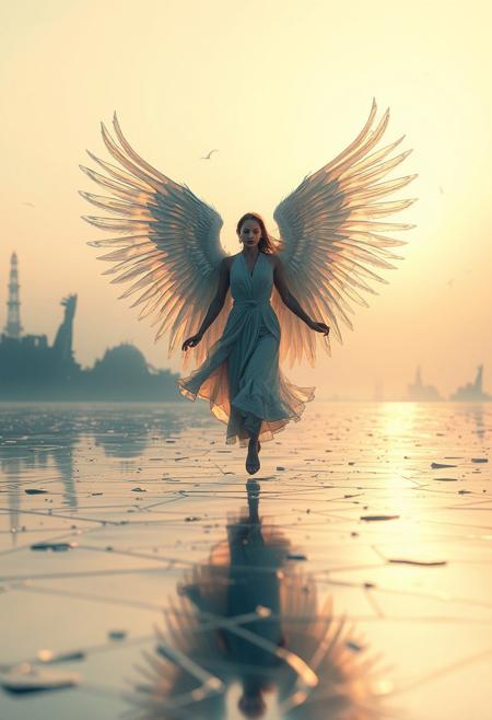 A solitary figure moves across an endless expanse of shattered glass-like ground, each step radiating ripples of calm energy that push back swirling chaos. Their wings, grand and feathered, curve elegantly in mid-motion, as if painting serenity into existence with every subtle movement. Light reflects off each individual feather, creating luminous trails reminiscent of delicate ink strokes suspended in the air. Around them, fragments of crumbling towers and distorted landscapes float and rotate, bending unnaturally, as though reality itself is breaking apart. Yet the figure remains centered, poised, and at peace, eyes gently closed, expression serene, radiating quiet confidence. The horizon dissolves into glowing infinity, merging warm golds and deep blues that form an abstract gradient beyond natural perception. Cinematic lighting focuses on the figure, casting long, soft shadows across an otherwise chaotic and fragmented world, creating a haunting yet tranquil visual narrative.