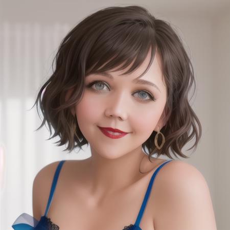 sexy woman smiling to viewer, <lora:ds_maggiegyllenhaal:1.2> ds_maggiegylenhall:1.2 with light makeup, red lips, smokie eyes, short wavy hair, in silk blue ribbon lingerie, , standing, realistyc style, 4k, dramatic light, ((close-up))