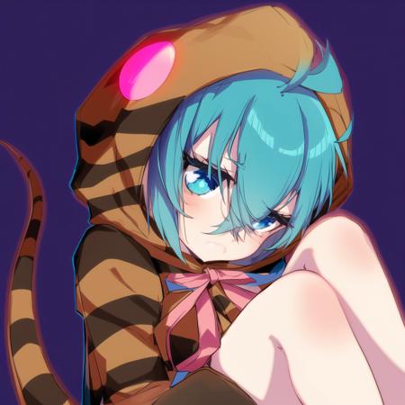 tsunsnek, 1girl, solo, hood, hoodie, snake tail, aqua hair, long sleeves, striped hoodie, striped tail, short hair, pink neck ribbon, bangs, hair between eyes, hood up, geta, blue hair, aqua eyes, bare legs, blue eyes, crossed bangs, ahoge, detailed shading, detailed ambient light