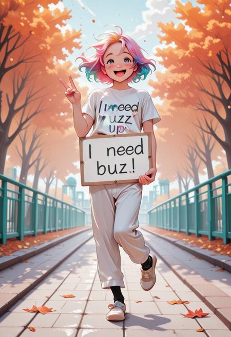 score_9, score_8_up, score_7_up, score_6_up, 1boy ,20 years old, perfect face, looking at viewer, cute, petite, need_buzz, holding sign, 'i need buzz' text, theme park setting, floating hair, colorful hair, short hair,boy holding a sign, clear text,t-shirt, white pants, , flat shoes, Long socks, autumn, playful smile, open mouth, wind, peace gesture with right hand, one leg up,