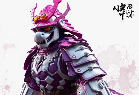 Samurai Beast Kyubi - Purple-plated guardian with pink ceremonial helmet, orange battle goggles resting atop snout-like faceplate, dynamic pose showing articulated white armor segments, rendered in Unreal Engine 5 with Octane lighting, set against minimalist Primitive Planet backdrop with splash ink effects.
