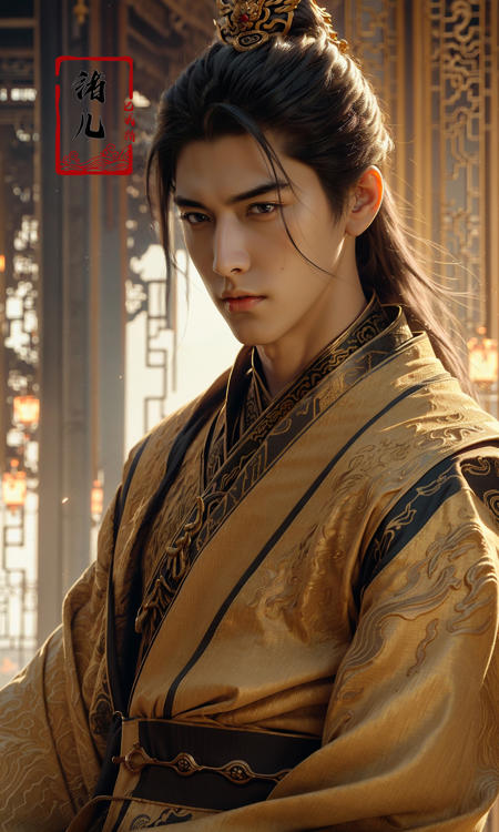 Epic CG masterpiece, A Chinese Tang dynasty emperor,by guopei Wuxia,handsome, MAX Masculinity, straight crown, golden Taoist robe, palace background, Tang dynasty, royal, dynamic poses, stunning colors, 3D rendering, surrealism, cinematic lighting effects, realism, 00 renderer, super realistic,
<lora:~Q?-vY*[Proyal:0.9>