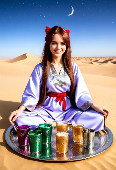 (anime coloring, anime screencap), KanzakiaoiTB, Atai, lazyup, 
sky above desert dunes, flying carpet with tea set, crescent moon, distant starscape  
twilight sky, soft purple and silver glow, stardust shimmer  
frontal angle, mid-shot, focus on tea tray  
sitting cross-legged, offering tea, smiling gently  
slim, long hair, red bow, brown hair, big thighs, blue eyes  
royal kaftan with crystal embroidery, emerald green, metallic trim  
crystal cups glowing, tea steam forming glyphs, wind-blown particles around tray