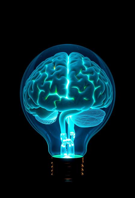 ultra detailed, brain in a lightbulb, dark background