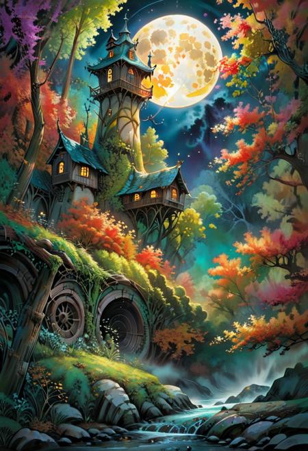 Zentangle extreme effect, landscape with Variegated splashes of color,
big full moon, a fantastic high watermill nestled in a rushing stream inside woodland forest, casting dynamic lighting, detailed architecture,
fantastical surrealism by Daniel Merriam, Joe Fenton,
ral-cnvctncrnts  <lora:ral-cnvctncrnts:0.25>,
painted world <lora:Painted World:0.5>,
fractalvines  <lora:Fractal_Vines:0.6>