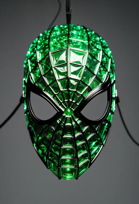 Spider-man Mask made of glowing green kryptonite metal, intricate, elegant, photorealistic, studio lighting, grey background