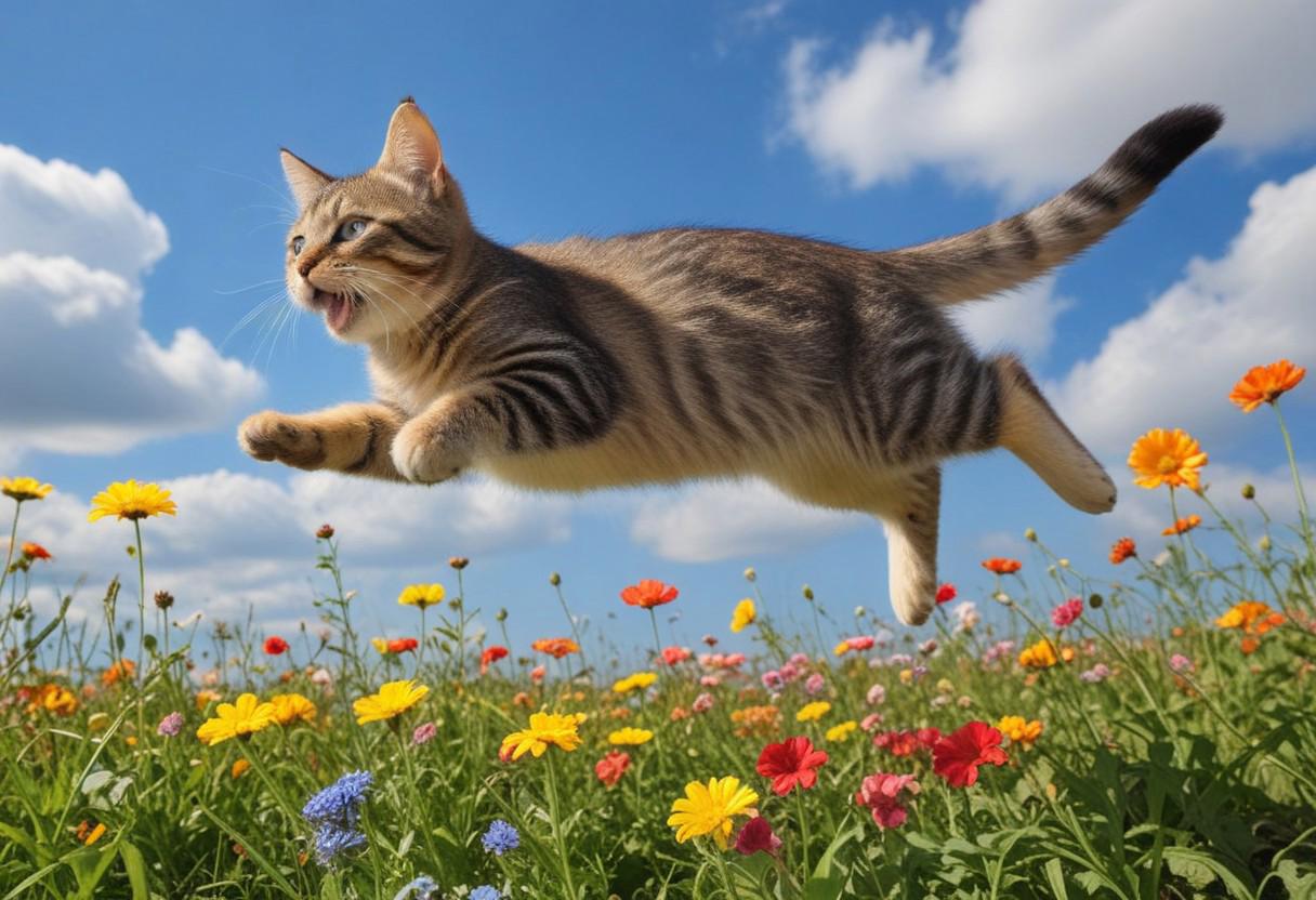 Highly detailed photograph of a tabby kitten leaping through the air above a field of colorful flowers. Side view. Floppy ears, floppy tongue, big eyes, very cute, very happy, joyful. Blue sky with fluffy clouds. Bright sun, (god rays).