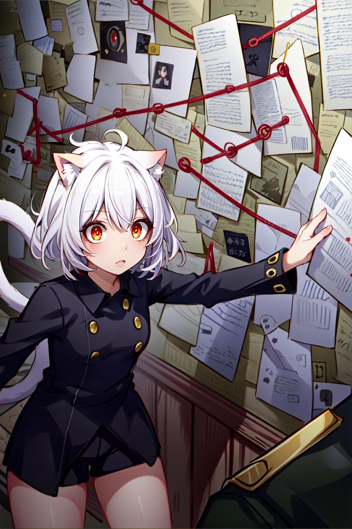 A young girl with white hair and a black jacket stands in front of a wall covered in papers, looking at a piece of paper. She appears to be engaged in a task or examining the wall of information.
