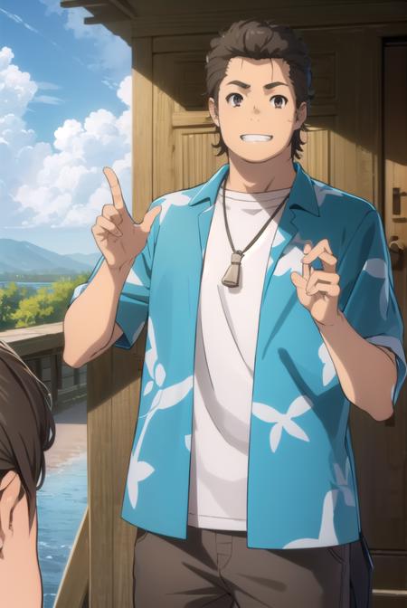 tetsudouhisakawa, <lora:tetsudou hisakawa s1-lora-nochekaiser:1>,
tetsudou hisakawa, black hair, (brown eyes:1.5), male focus, smile, grin,
BREAK shirt, open clothes, pants, necklace, sandals, hawaiian shirt,
BREAK outdoors, house, fields, grass, sky, sun, clouds,
BREAK looking at viewer, (cowboy shot:1.5),
BREAK <lyco:GoodHands-beta2:1>, (masterpiece:1.2), best quality, high resolution, unity 8k wallpaper, (illustration:0.8), (beautiful detailed eyes:1.6), extremely detailed face, perfect lighting, extremely detailed CG, (perfect hands, perfect anatomy),