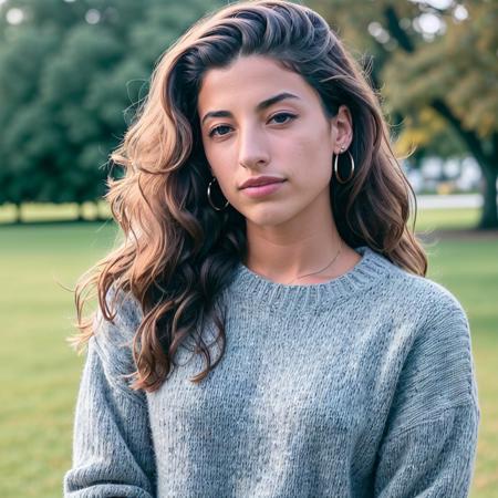 taniaraymonde a woman wearing a sweater, hair blowing in the wind, jeans, outside, park , portrait, (realistic, photo-realistic:1.37), ultra high res, ultra-detailed, incredibly beautiful girl, 8k uhd, dslr, soft lighting, high quality, film grain, Fujifilm XT3