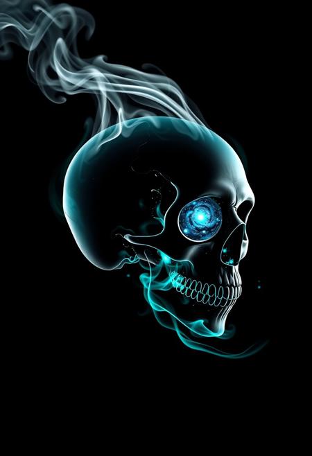 Cybernetic Skull, black background, slhouette black and white outline, skull made of smoke, neon teal_flames, pov sideview, smoke rises from back of skull, whole Galaxy in skull, mouth open pouring out Galaxy in a liquid form