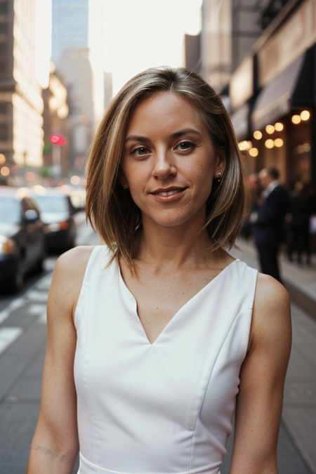 LizPhair, photography by (Rodney Smith:1.3), ((face focus, shoulders)), modelshoot, pose, (business dress, facing viewer, busy Manhattan sidewalk, looking at viewer, blurry background, bokeh, ID photo:1.3), grin