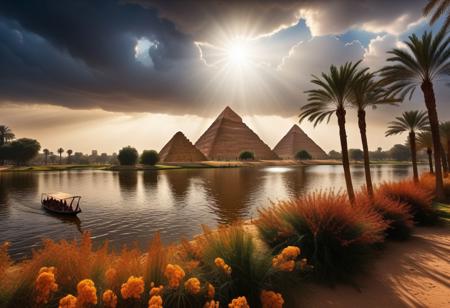 cinematic photo of [[[Khufu ship]]] sailing on small lake beside magnificent three pyramids of Giza appear clearly, ducks and geese swimming, papyrus plants, charm, Professional lighting, full of life, Lively and energetic, 8K, rays of sun flow beyond heavy clouds, HDR, Cinematic Shot, Cinematic Lighting, amazing world, pure perfection, wide angle exterior background, autumn leaves, grass, flowers, jasmine flowers, palm trees, nebula horizon.