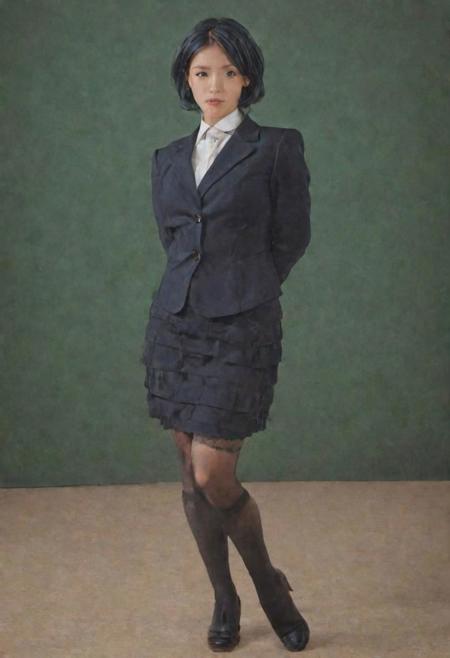 1girl, solo, (Masterpiece, hyperrealism) teacher, realistic skin, (looking at camera, classroom, formal attire, standing pose, wearing buttoned blouse:1.2, wearing dark blue blazer:1.2, wearing frilly skirt above the knee, wearing black stockings, young figure), fit body, ((curled hair, short hair, green hair)), highly detailed background, ultra high resolution, 4k uhd