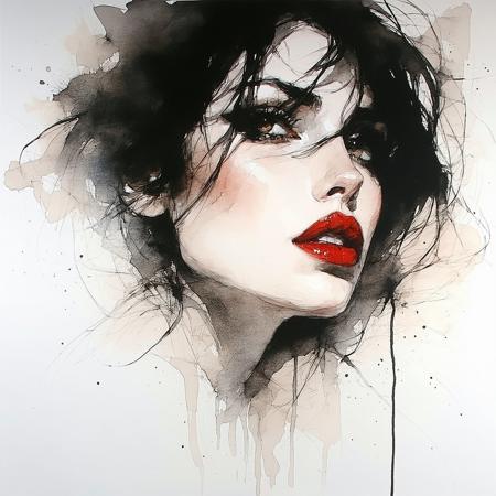 Ink art, watercolour, charcoal, realistic style. Petulant ingénue, sultry pout, teasing gaze directly challenging viewer. Intimate extreme close-up on expressive eyes, lips. Smudged charcoal background. Artistry evokes Egon Schiele's raw linework, Arthur Rackham's delicate watercolour washes. Soft directional light creates subtle chiaroscuro. Desaturated earth tones, stark black ink, muted crimson lips. Velvety charcoal smudges, translucent watercolour bleeds, matte paper. Playful defiance, intimate provocation: wisps of stray hair, knowing glint in her eyes.