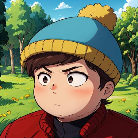 1boy, solo,   Eric Cartman,  short hair,  brown hair, 1boy, hat,  black eyes, red jacket, closed jacket, blue beanie, fat, child,