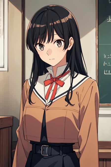 absurdres, highres, ultra detailed, solo, 1girl, <lora:やがて君になるC:1>, (gray eyes, bangs, long hair, black hair:1.4), large breasts, BREAK school uniform, white sailor collar, BREAK brown jacket, brown sleeves, BREAK red bow, red ribbon, BREAK black shirt, black skirt, belt,