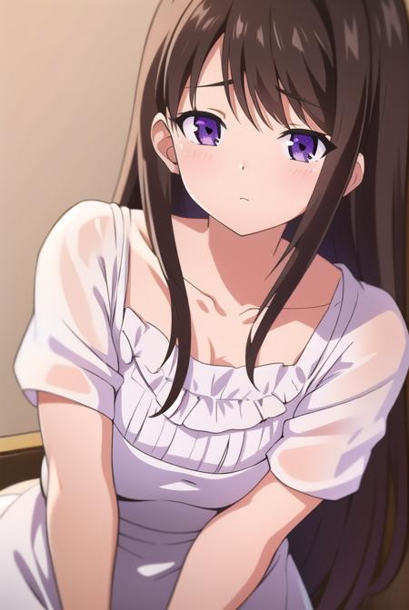 marina akizuki, long hair, brown hair, (purple eyes:1.1), dress, ribbon, collarbone, short sleeves, white dress,