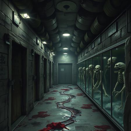 A dimly lit underground lair, the stone walls of Orochimaru’s domain are damp and covered in a layer of black mold. The air is thick, heavy with the scent of decay, stale blood, and something metallic, like rusted iron. The flickering overhead lights cast an eerie glow, distorting the dark, cold hallway ahead.
Along the walls, there are faded and cracked inscriptions in a dark, almost illegible script, marking the boundaries of forbidden experiments. Cold steel doors line the corridor, some slightly ajar, revealing dark rooms beyond—each filled with the chilling remnants of unspeakable acts. Large glass tanks, distorted by grime and condensation, hold grotesque, malformed humanoid creatures—skeletal, serpentine, with flesh that seems to bubble unnaturally, as if still struggling to exist. The creatures’ eyes, empty and soulless, gaze into nothingness.
The floors are slick with a combination of water and something darker, something that clings to the shoes like tar. You can’t quite tell if it’s just dirt, or if it’s blood that has long since soaked into the stone, staining it permanently.
At the far end of the corridor, a room opens into a massive, sterile lab, starkly lit by harsh fluorescent lights that make the white tiles gleam uncomfortably. Tables are cluttered with surgical instruments—some clean, some stained. Papers filled with incomprehensible jutsu are scattered about, half burned or left in disarray.