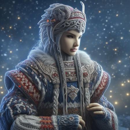masterpiece, best quality, newest, absurdres, highres, thunderboltfantasy, hIghly detailed photograph, 1girl, standing, portrait, ChristmasSweater, festive lighting, outdoors, smow, sword,