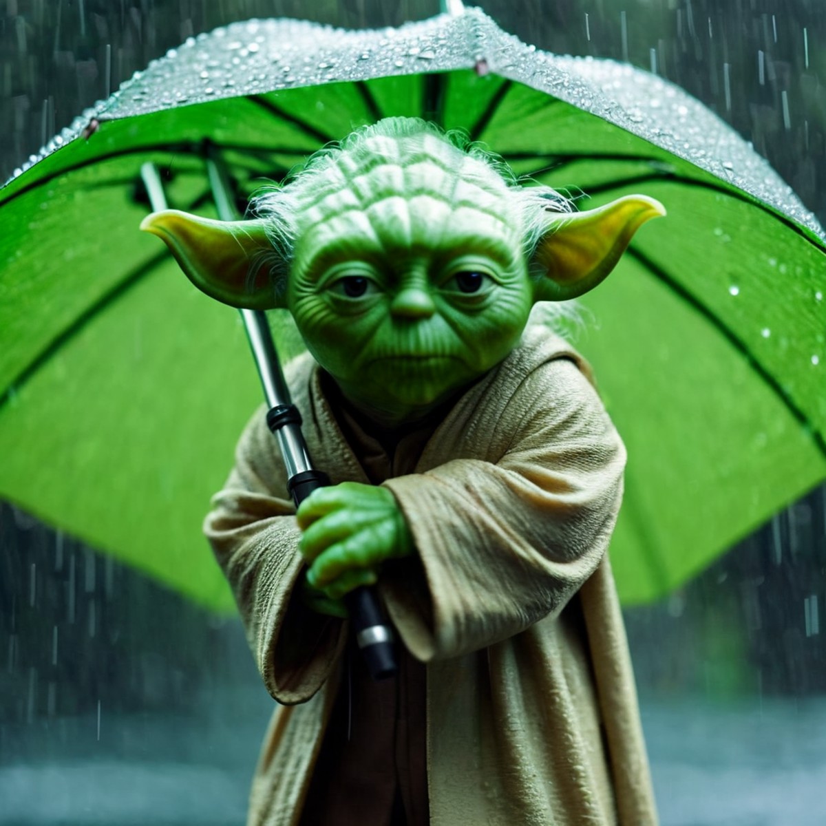 cinematic film still of  <lora:Yoda:1.2>
Yoda a green yodah holding an umbrella in the rain In Star Wars Universe, shallow...