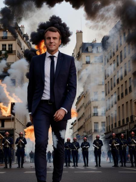 Macron768, full body, smile, in front of protest, fire, smoke, street in paris, detailed eyes, standing in the middle of a rugby field, sad, photography, trending on artstation, sharp focus, studio photo, intricate details, highly detailed, by greg rutkowski  <lora:Macron768:0.6>