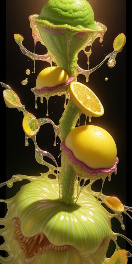 A perfect (ANIMATED) photorealistic HOUDINI3D (OCTANE:1.241):(RENDER512:1.1) of a (lemon monster from Rick and Morty):(FOOD_CRIT):(LIQUID SPLASH EIDOMODE:1.31) STYLE (oozing jelly), (anamorphic)::(trompe l’oeil) digital art in the jaw dropping (RAINBOWSTYLE) of (goosebumps art by tim jacobus:1.43):(3D BEEPLE STYLE:0.333):(COLORFULSURREALISM):(SURREALISM:0.2) BY(Dr.Suess, ALEX GREY)! 8 k, 32 k, HDR