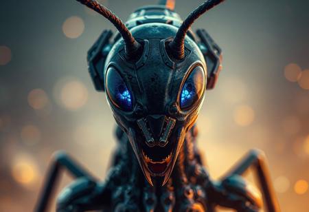 "High-res 4K depiction of a Cyber Raider with an ant's head, emphasizing vivid blue eyes and antennae. The ant's head is the central focus, with a dark blue Cyber Raider body in the foreground. The image boasts exceptional quality, lifelike details, sharp lines, harmonious colors, and a captivating matte painting. A dynamic action pose, vivid emotions, and a powerful message are showcased with the help of Octane Render and Unreal Engine 5. A trending masterpiece on Artstation and CGSociety, created in the style of Greg Rutkowski."
