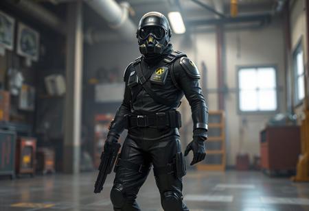 "A hyperdetailed cinematic concept art of a Science Soldier standing prominently in the foreground, dressed in a sleek black outfit with a gas mask covering its entire face. The gas mask features a distinct yellow symbol, adding a mysterious and futuristic vibe. The soldier is equipped with a belt and holds a weapon in its right hand, exuding readiness and tension. The blurred background of a Fusion Recycling Plant depicts a room with various objects and a possible window, hinting at a larger narrative. The soldier is positioned on a floor, with an isometric composition that emphasizes its dynamic action pose. Rendered in Octane and Unreal Engine 5, with 8K resolution, lifelike details, sharp lines, and stunning, harmonious colors. The scene features captivating lighting, balanced editing, and a creative angle, trending on ArtStation, CGSociety, and ArtStationHQ. Inspired by the styles of Raphael, Houdini, and Grammer Effect, with vivid emotions and a powerful message. The Science Soldier’s design showcases handcrafted precision, impeccable composition, and a sense of futuristic intrigue, evoking a narrative-driven, high-stakes atmosphere."