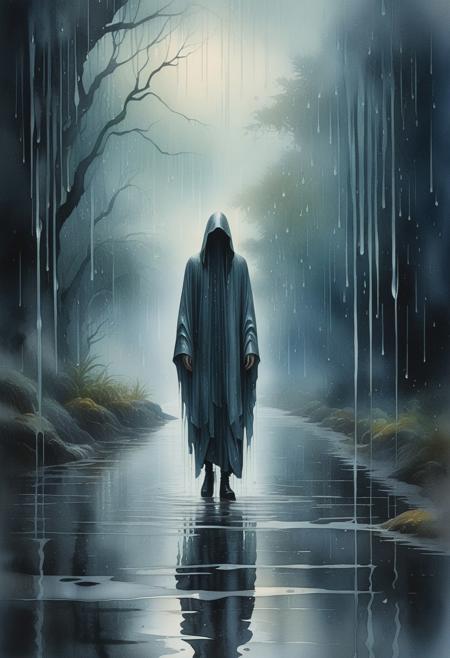 Dreamlike surreal imagery of a wet rainy scene: a delicate watercolor painting depicts an ethereal ghostly figure with elongated forms and rough textures.  Drizzling rain and reflective surfaces highlight fantastical elements in a bizarre scene, creating a dark and moody atmosphere.