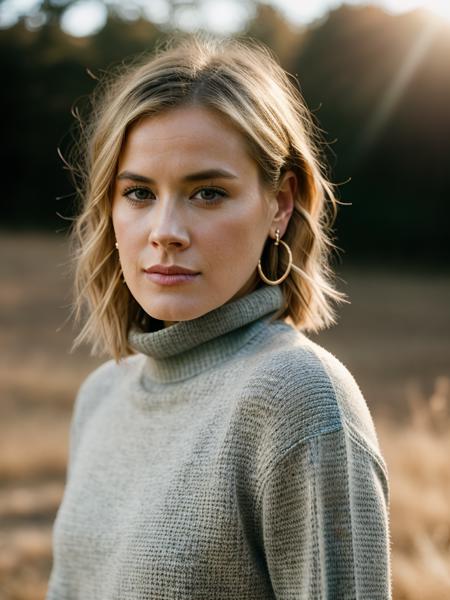 Realistic photo of a beautiful 4b1g41lh woman,   1girl, solo, looking at viewer, short hair, blonde hair, long sleeves, holding, jewelry, closed mouth, earrings, sweater, lips, turtleneck, sunlight, realistic, soft lighting, professional Photography, Photorealistic, detailed, RAW, analog, sharp focus, 8k, HD, DSLR, high quality, Fujifilm XT3, film grain, award winning, masterpiece<lora:4b1g41lh:1.0>