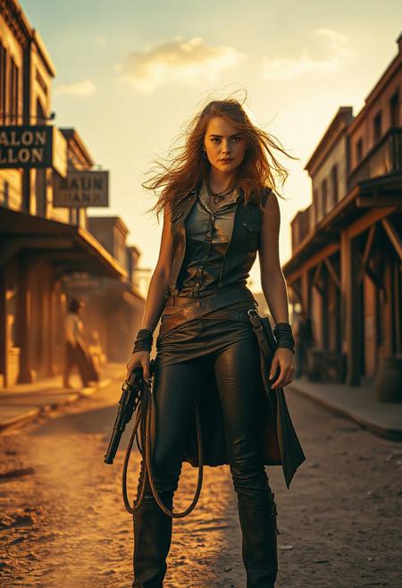 A fearless cowgirl standing alone on a dusty main street of an old western village, during golden sunset, holding a rope and a revolver, wind blowing dust and trash around, saloon on the left, old bank on the right, cinematic lighting, dramatic shadows, ultra-realistic style, 35mm film photography, low angle shot, golden hour glow, confident expression, leather outfit, wind-blown hair