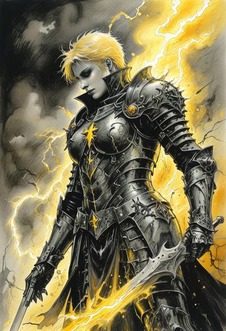 (gothic battle female chaplain), 1 girl, sexy, large breast,  gothic armor grimdark macabre ghastly atmosphere, dark_fantasy, by kentaro miura, 80s_seinen, 90s_seinen, retro seinen, retro manga, by ayano aishi, by yoshitaka amano, watercolor, ink and pen, very long yellow lightning, yellow and orange theme, character focus, 2d, Kentaro Miura Style