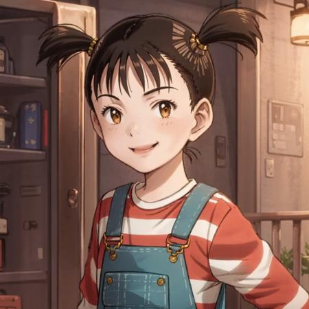 masterpiece, best quality, uran, 1girl, twintails, shadowy, striped, overalls, dim light, smile <lora:pluto_uran-000016:0.7>