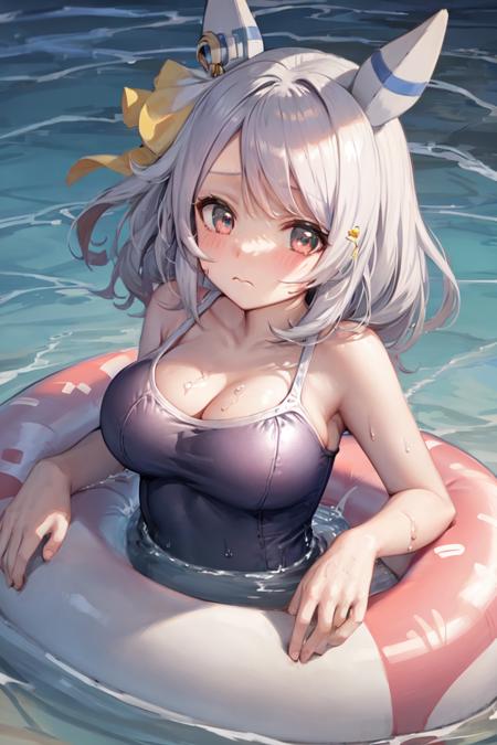 masterpiece, best quality, 
hishi miracle \(umamusume\),
looking at viewer, ocean, partially submerged, 
cleavage, medium breasts, blush, school swimsuit, wet, :<, innertube, closed mouth, black one-piece swimsuit, ear covers, ear ornament
<lyco:hishi_miracle_loha-000010:0.6>