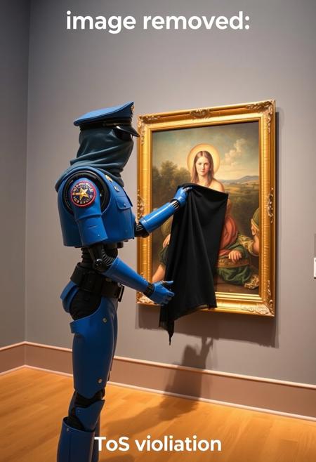photograph of a blue police robot in winter parade uniform covering with a police hat. The peace keeping droid is inside a museum,  placing a black cloth over a painting to cover and hide it.
Title reads "image removed" at the top of the image.
Subtitle reads "ToS violation" at the bottom.