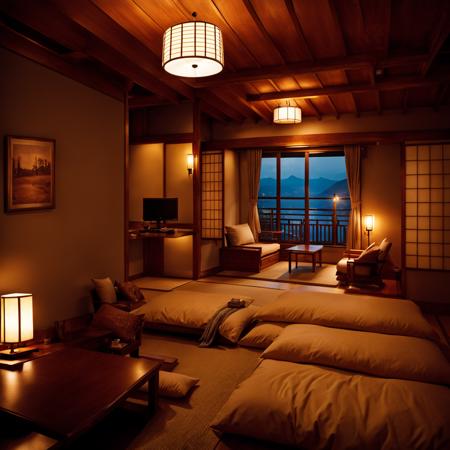 ryokan, window, scenery, indoors, table, pillow, bed, chair, book, television, blanket, curtains, bedroom, futon, lamp, realistic,