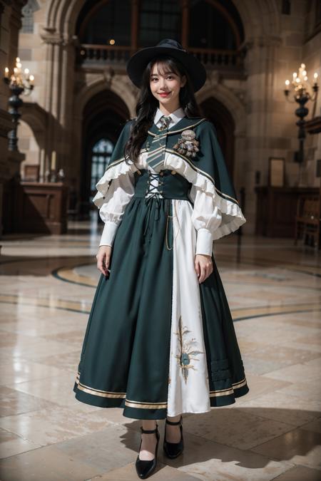 absurdres, incredibly absurdres, extremely detailed, best quality, masterpiece, realistic, photorealistic, 1girl, solo, looking at viewer, smile, full body, cyb dress, collared shirt, long sleeves, necktie, capelet, frills, badge, long dress, high heels, witch hat, castle, night, dramatic lighting, night, light, hogwarts , <lora:magic_costume_style2_v2:0.65>