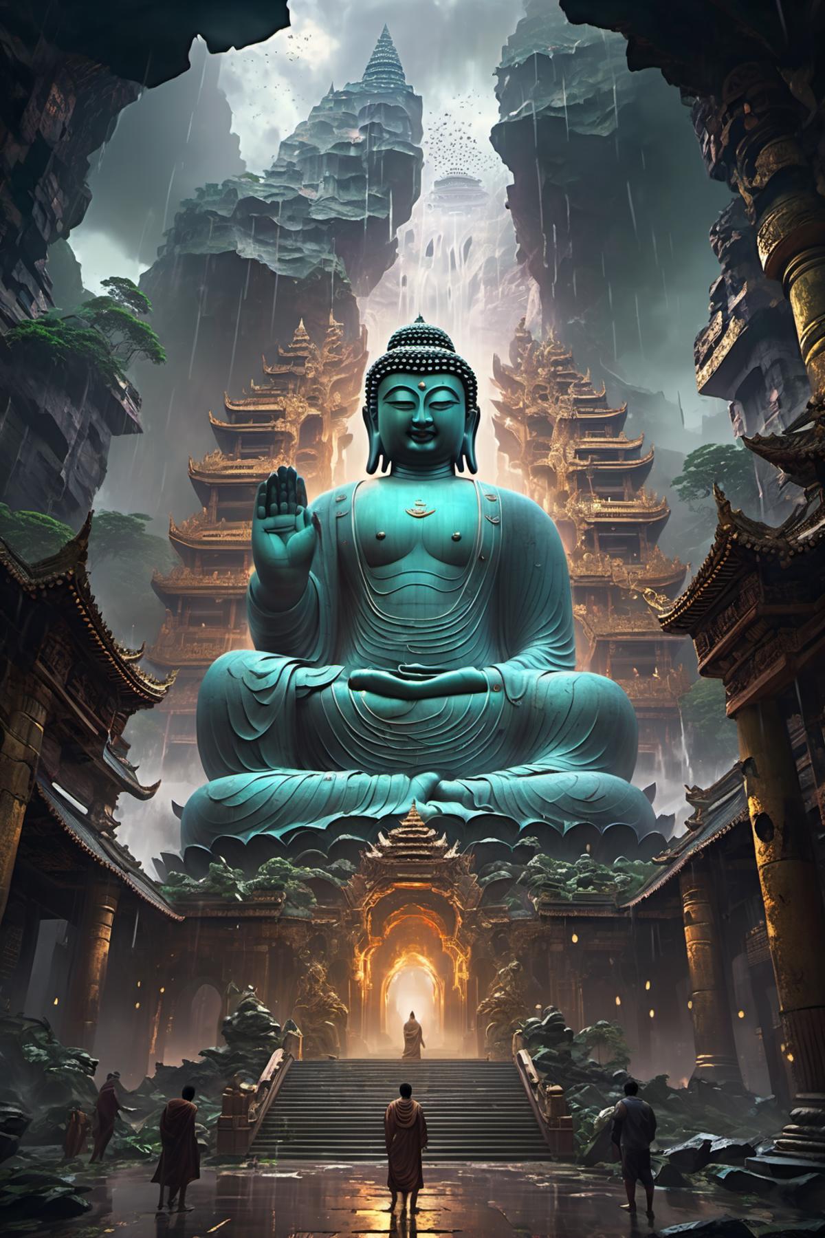 A blue Buddha statue sits in front of a large temple.