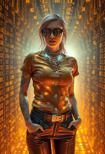 A cybernetic labyrinth filled with scrolling code streams. The woman’s gold-buttoned top is embroidered with pixel-art constellations, while her leather pants pulse with embedded LED circuits. Her sunglasses reflect strings of binary, and the layered necklace projects holographic runes. The background is a grid of shifting yellow and orange pixels, creating an immersive tech maze. Syd Mead’s digital minimalism collides with Rolf Armstrong’s retro-futuristic charm: glowing tattoos on her arms, a wink directed at the viewer, and a vibrant skin tone. Add flickering code trails and glitch effects.  Pixel constellations, LED circuits, binary reflections, holographic runes, glitch effects.