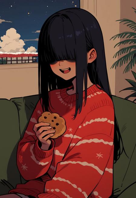 score_9, score_8_up, score_7_up, best quality, sinozick style, 1girl, solo, in living room, straight long hair, dark dark hair, ( bangs over eyes:1.2), open mouth, eating a cookie with both hands, smile, wearing oversized pink christmas sweater, sitting on sofa, palm tree,  beautiful-sea, starry sky, cloud,