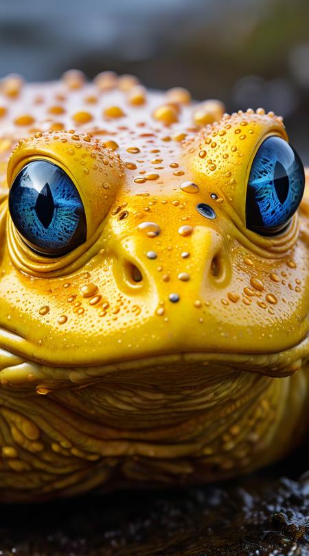 macro view of a glowing amphibious being, moist skin covered with prismatic spots, eyes like pools of molten gold.