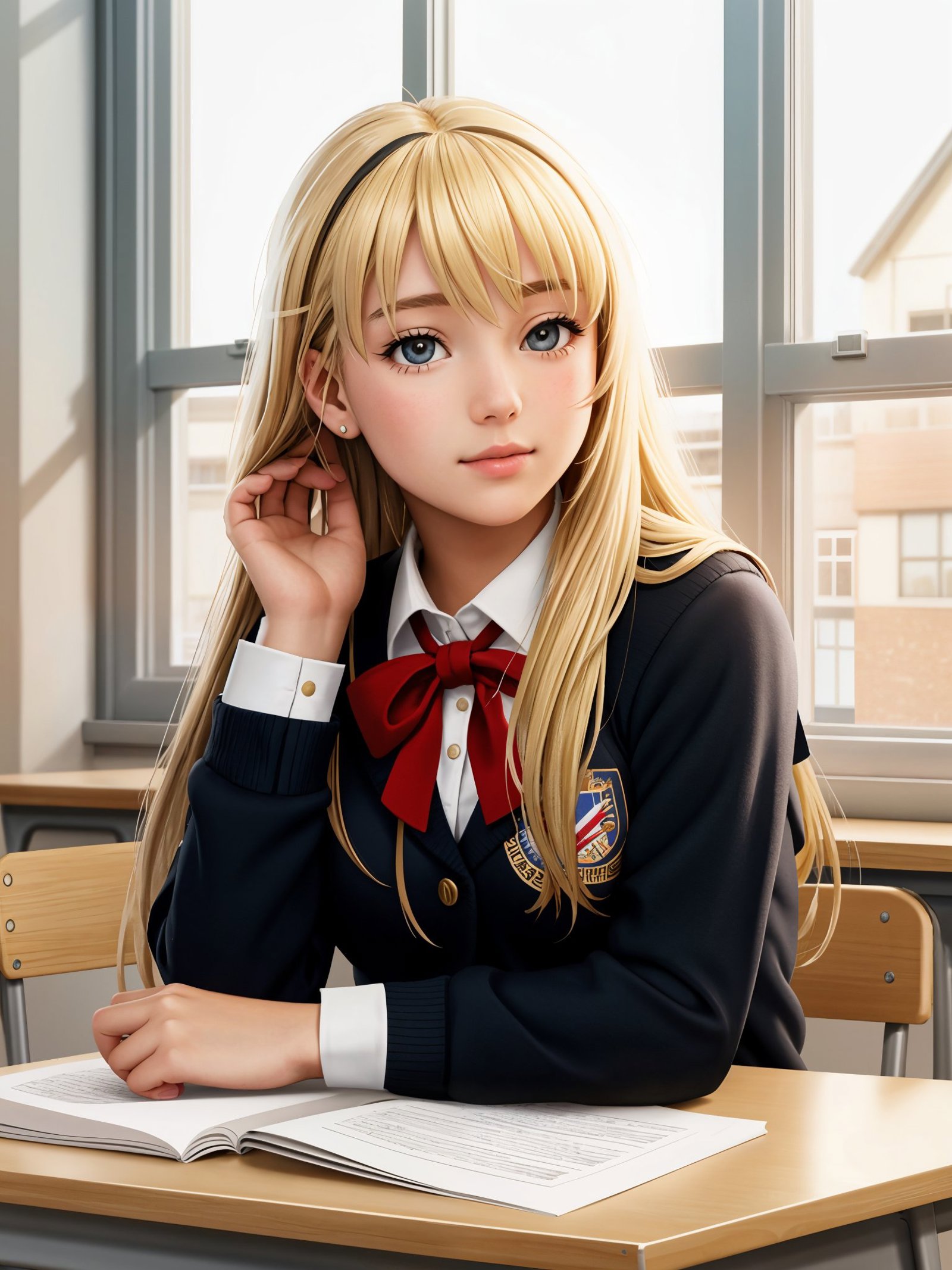 european high schoolgirl sitting at a school desk by the window, blond weavy hair, photo raw, hyperrealistic, hyperdetailed