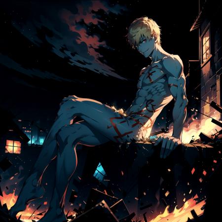 (GilgameshTopless:1.05), solo, looking at viewer, short hair, blonde hair, red eyes, 1boy, male focus, sitting, crossed legs, (completely nude:1.2), tones, tattoos, [from side], from below, fire, rumbles, ruined city, smiling, looking at viewer, looking down, dark background, sitting on debris, night, smoke, cowboy shot, 
 <lora:Gilgamesh:0.8>